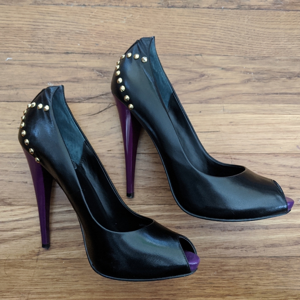 DMSX Latoya Black & Purple Leather Stilettos